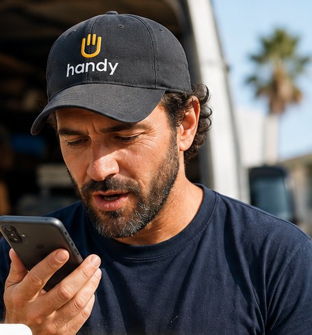 A tradesperson wearing a Handy cap sends a voice note describing a completed job.
